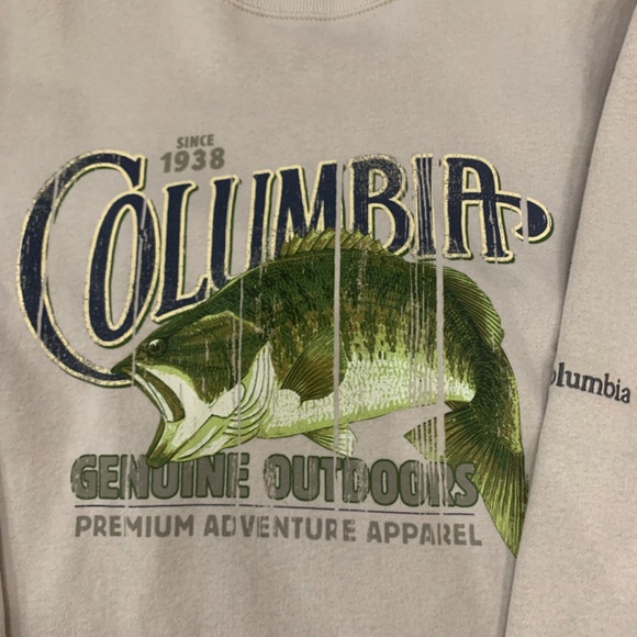 Columbia Bass fish men’s PFG crew neck tan beige green pullover/sweatshirt - Picture 3 of 12